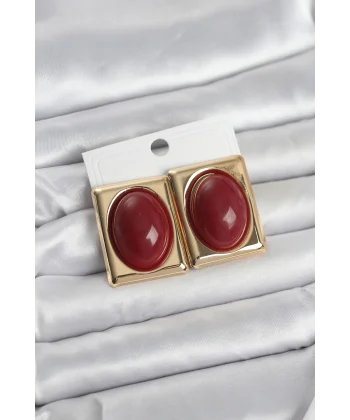 Bordo Kare Model Vintage Gold Renk Kadın Küpe