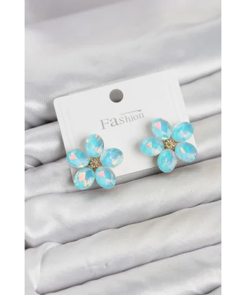 Buz Mavisi Renk Kristal Taşlı Çiçek Model Kadın Küpe