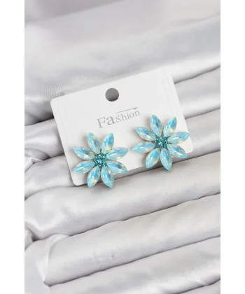 Buz Mavisi Renk Kristal Taşlı Lotus Çiçek Model Kadın Küpe