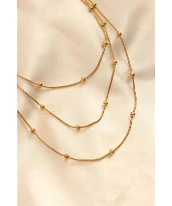 Çelik Altın Renkli Topçuk Tasarımlı Çoklu Kolye