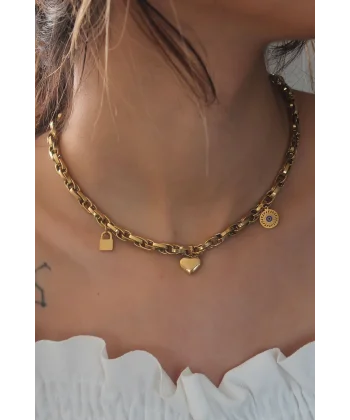 Çelik Gold Renk Kalın Zincir Model Kalp Figür Kadın Kolye