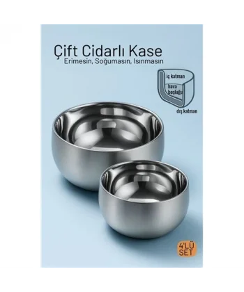 Çift Cidarlı Isı Yalıtımlı 4lü Lüks Kase Seti (16cm & 18cm) Premium 304 Paslanmaz Çelik