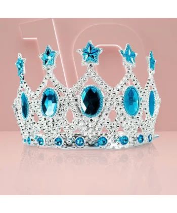 Çocuk Kraliçe Tacı - Mavi Yıldız İşlemeli Prenses Tacı 15x7 Cm