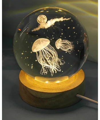 Dekoratif Deniz Anası Tasarımlı Ahşap Altlıklı Işıklı Cam Küre Büyük Boy Cam:8cm Ahşap:2cm