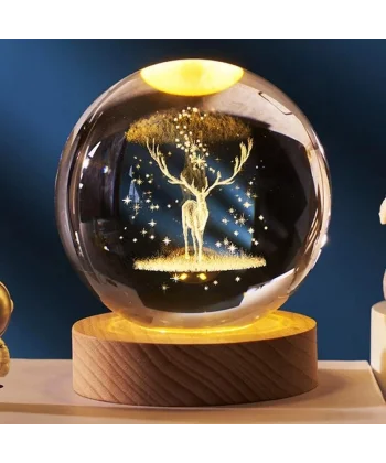 Dekoratif Geyik Tasarımlı Ahşap Altlıklı Işıklı Cam Küre Büyük Boy Cam:8cm Ahşap:2cm