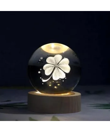 Dekoratif Yonca Tasarımlı Ahşap Altlıklı Işıklı Cam Küre Büyük Boy Cam:8cm Ahşap:2cm