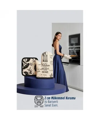 Delfin Katsaros Serisi Lüks Isı Korumalı Fırın Eldiveni ve Mutfak Tutma Bezi Seti