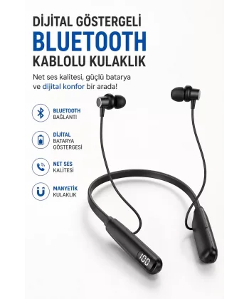 Dijital Batarya Göstergeli Bluetooth Özellikli Boyun Askılı Kulaklık