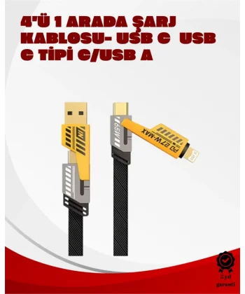 Dönüştürülebilir 4 Başlıklı Hızlı Şarj Kablosu – 1.2m 65W Dayanıklı ve Esnek Tasarım