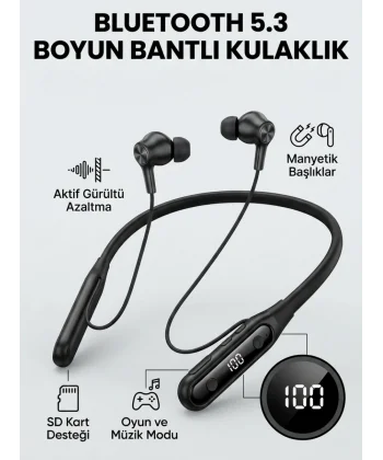Ekranlı ve SD Kart Destekli Bluetooth 5.3 Boyun Bantlı Kulaklık