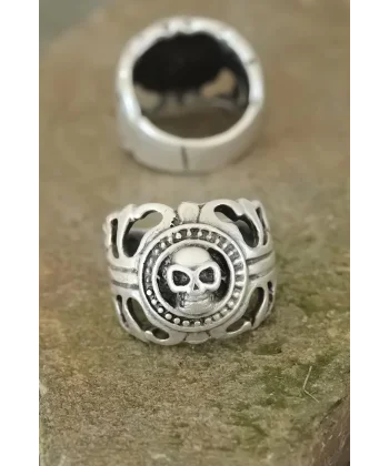 Eskitme Gümüş Renk Metal Kuru Kafa Tasarım Ayarlamalı Erkek Yüzük