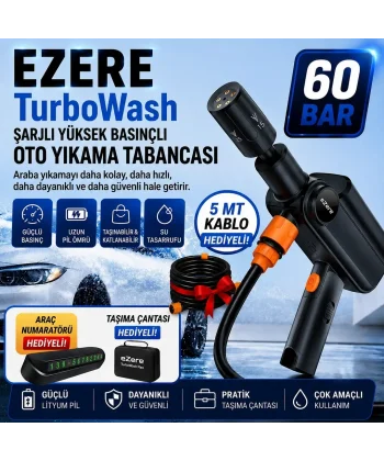 EZERE TurboWash Şarjlı 60 Bar Yüksek Basınçlı Oto Araba Bahçe Yıkama ve Temizleme Tabancası Makinesi-(5775)