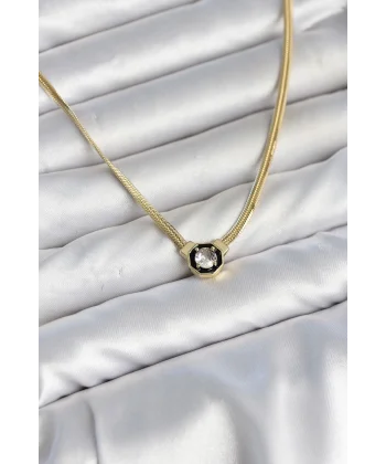 Ezme Yılan Zincir Model Zirkon Taşlı VIP Seri Gold Renk Kadın Kolye