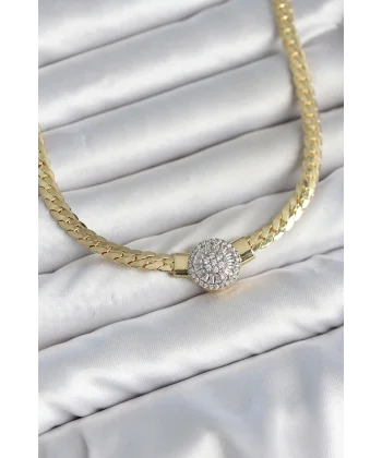 Ezme Zincir Model Zirkon Taşlı VIP Seri Gold Renk Kadın Kolye