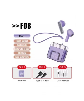 F08 Dijital Şarj Göstergeli TWS Bluetooth Kulaklık - Mor-(5796)