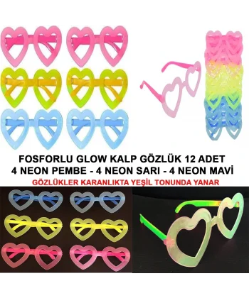Fosforlu Kalp Model Glow Parti Gözlüğü Karanlıkta Yanan Gözlükler 12 Adet