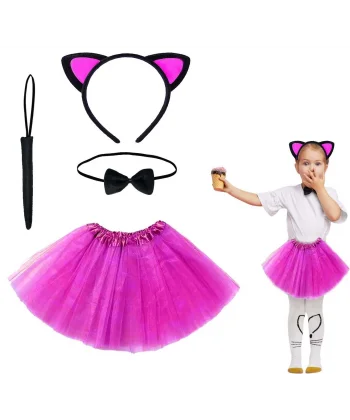 Fuşya Renk Etekli Kedi Kostüm Seti (tütü, Taç, Papyon, Kuyruk)