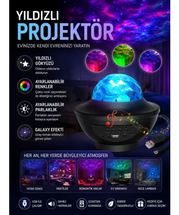 Galaxy Efektli LED Gece Lambası Projektörü Bluetooth Bağlantılı