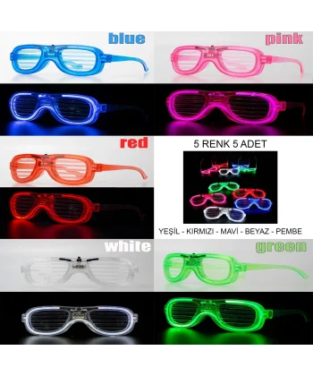 Glow Model Led Işıklı Parti Gözlüğü 3 Modlu 5 Renk 5 Adet