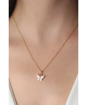 Gold Beyaz Renk Kelebek Figür Kadın Kolye