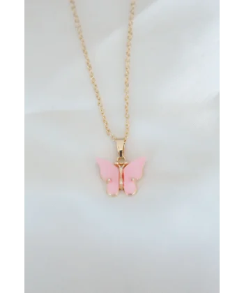 Gold Kaplama Pembe Sedefli Kelebek Kolye