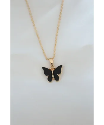 Gold Kaplama Siyah Renkli Sedefli Kelebek Kolye