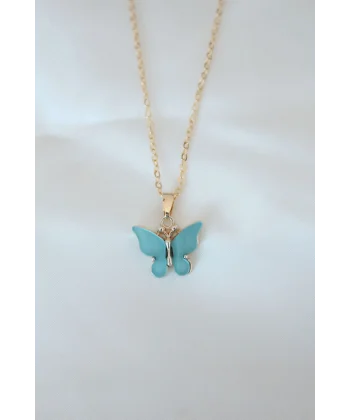 Gold Kaplama Turkuaz Renk Sedefli Kelebek Kolye