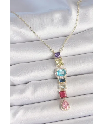 Gold Karışık Renk Zirkon Taşlı Y Pirinç Kolye