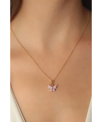 Gold Lila Renk Kelebek Figür Kadın Kolye
