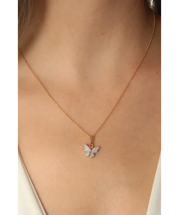 Gold Mavi Renk Kelebek Figür Kadın Kolye