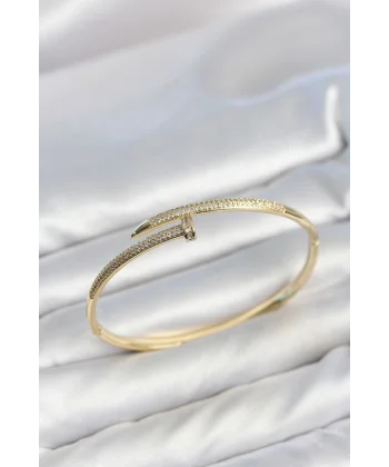 Gold Renk Çivi Model Zirkon Taşlı Kadın Kelepçe Bileklik