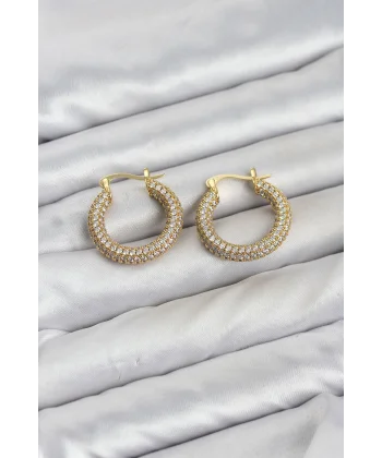 Gold Renk Full Zirkon Taşlı Halka Kadın Küpe