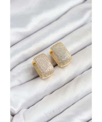 Gold Renk Full Zirkon Taşlı Kare Halka Kadın Küpe