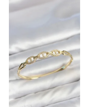 Gold Renk Gemi Zinciri Model Zirkon Taşlı Kadın Kelepçe Bileklik