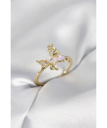 Gold Renk Kelebek Model Zirkon Taşlı Kadın Yüzük