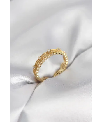 Gold Renk Motif Desenli Zirkon Taşlı Kadın Yüzük