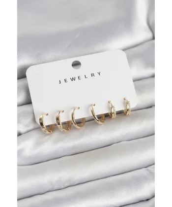 Gold Renk Pirinç 3 Çift Kadın Küpe Seti