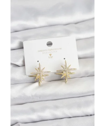 Gold Renk Pirinç Çift Taraflı Kutup Yıldızı Kadın Küpe