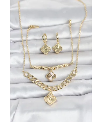 Gold Renk Pirinç Kolye Bileklik ve Küpe Seti