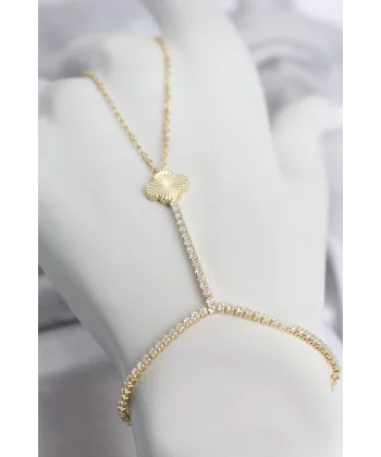 Gold Renk Pirinç Lazerli Yonca Model Zirkon Taşlı Şahmeran