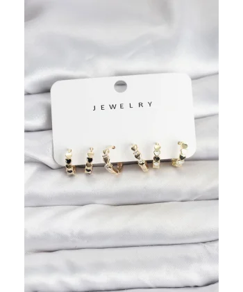 Gold Renk Pirinç Minimal Kalp Detaylı Kadın Küpe Seti