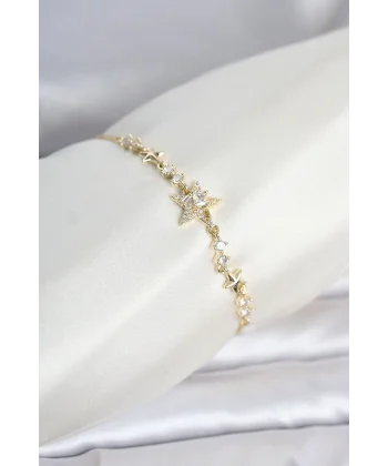 Gold Renk Pirinç Yıldız Model Asansörlü Kadın Bileklik