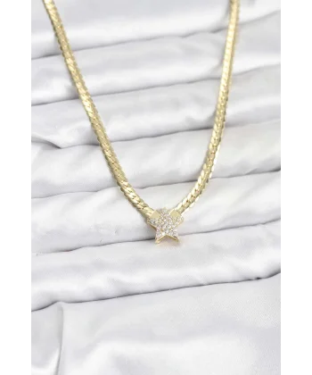 Gold Renk Pirinç Yıldız Zirkon Taşlı Kadın Kolye
