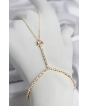 Gold Renk Pirinç Zirkon Taşlı Pembe Kalp Model Şahmeran