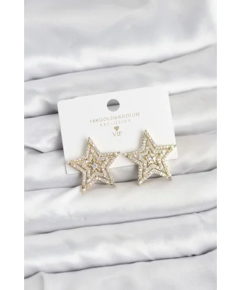Gold Renk Pirinç Zirkon Taşlı Yıldız Model Kadın Küpe