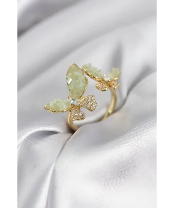 Gold Renk Su Yeşili Kelebek Model Zirkon Taşlı Kadın Yüzük