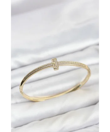 Gold Renk T Model Zirkon Taşlı Kadın Kelepçe Bileklik
