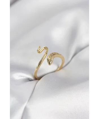 Gold Renk Yılan Model Zirkon Taşlı Kadın Yüzük