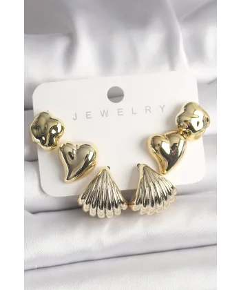 Gold Renk Yonca Kalp Deniz Kabuğu Figür CCB Kadın Küpe Seti