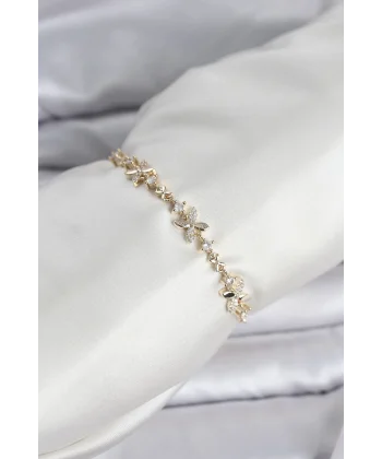Gold Renk Yonca Model Zirkon Taşlı Asansörlü Kadın Bileklik